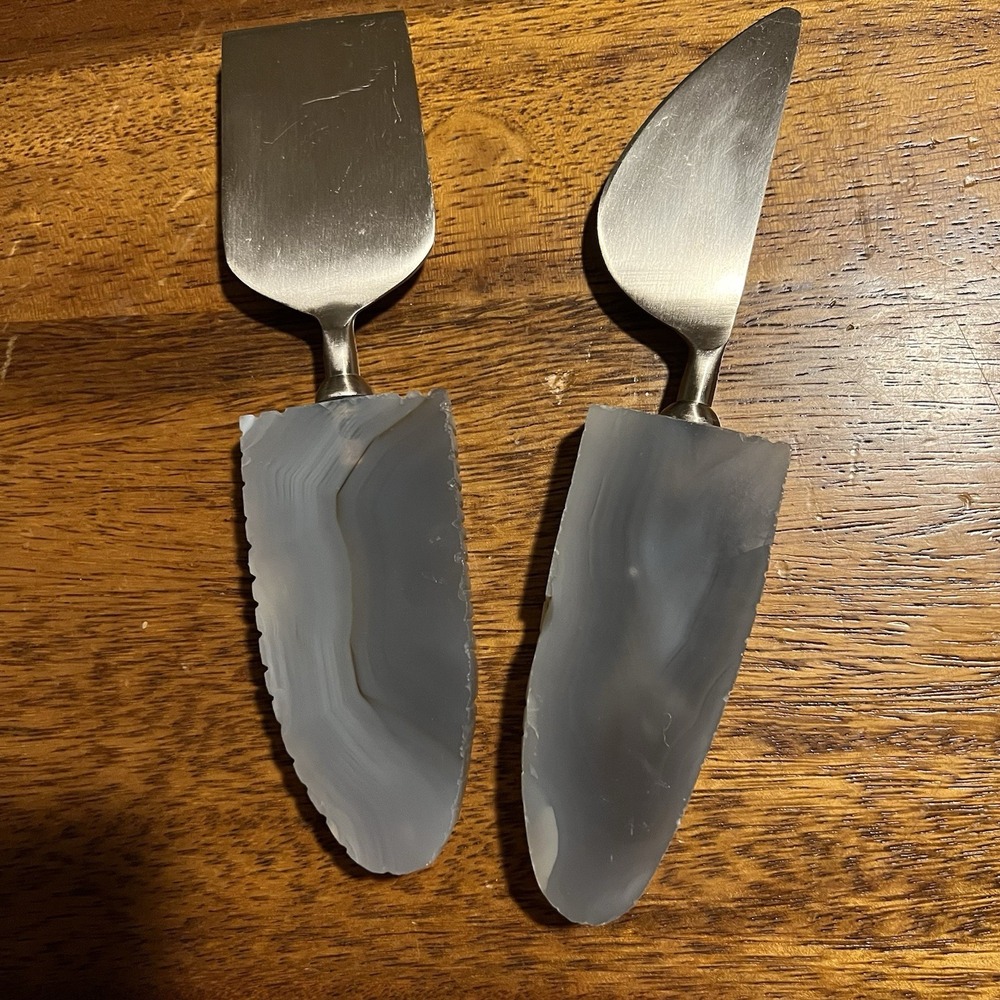 Set of 2 Natural Grey Agate Stone Handle Cheese Knives Cleaver & Spreader
